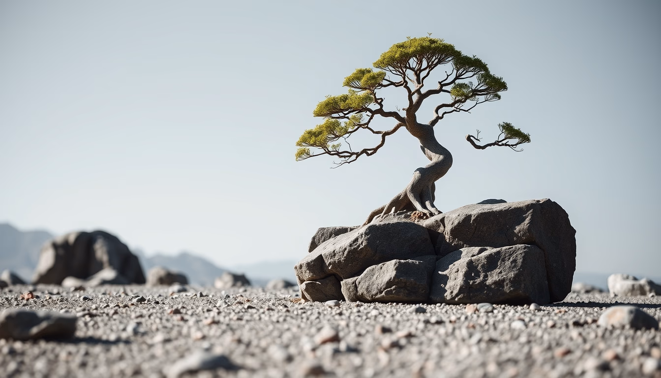 bonsai rock landscape in editorial style