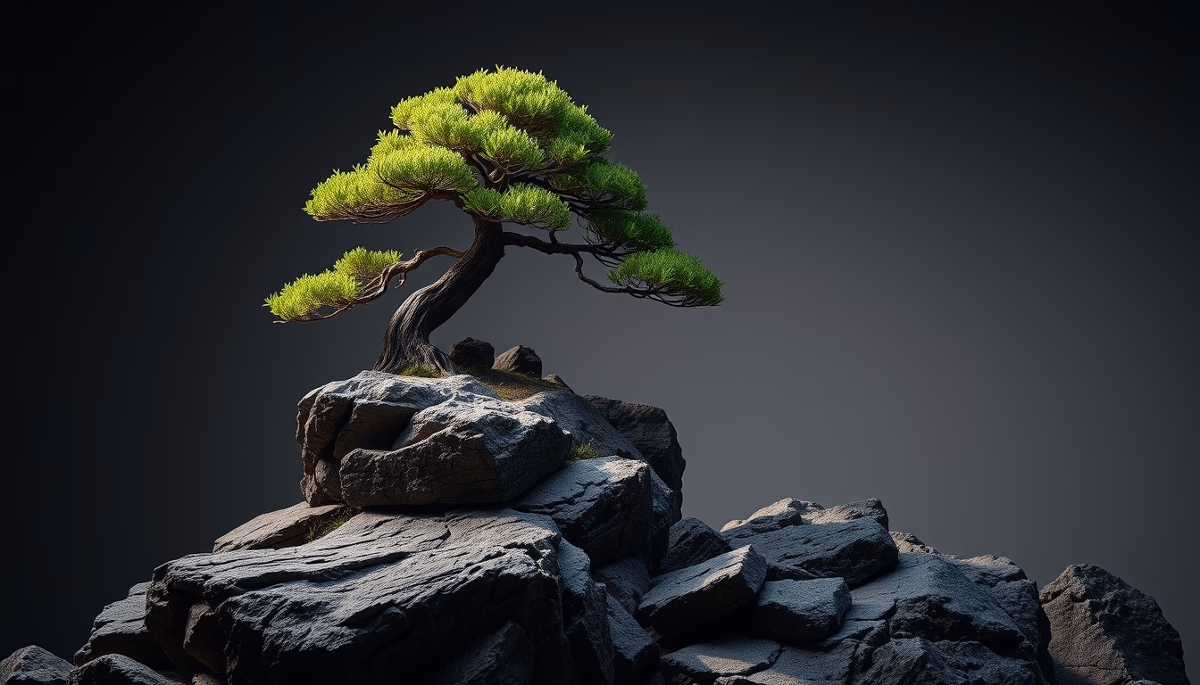 bonsai rock landscape in editorial style
