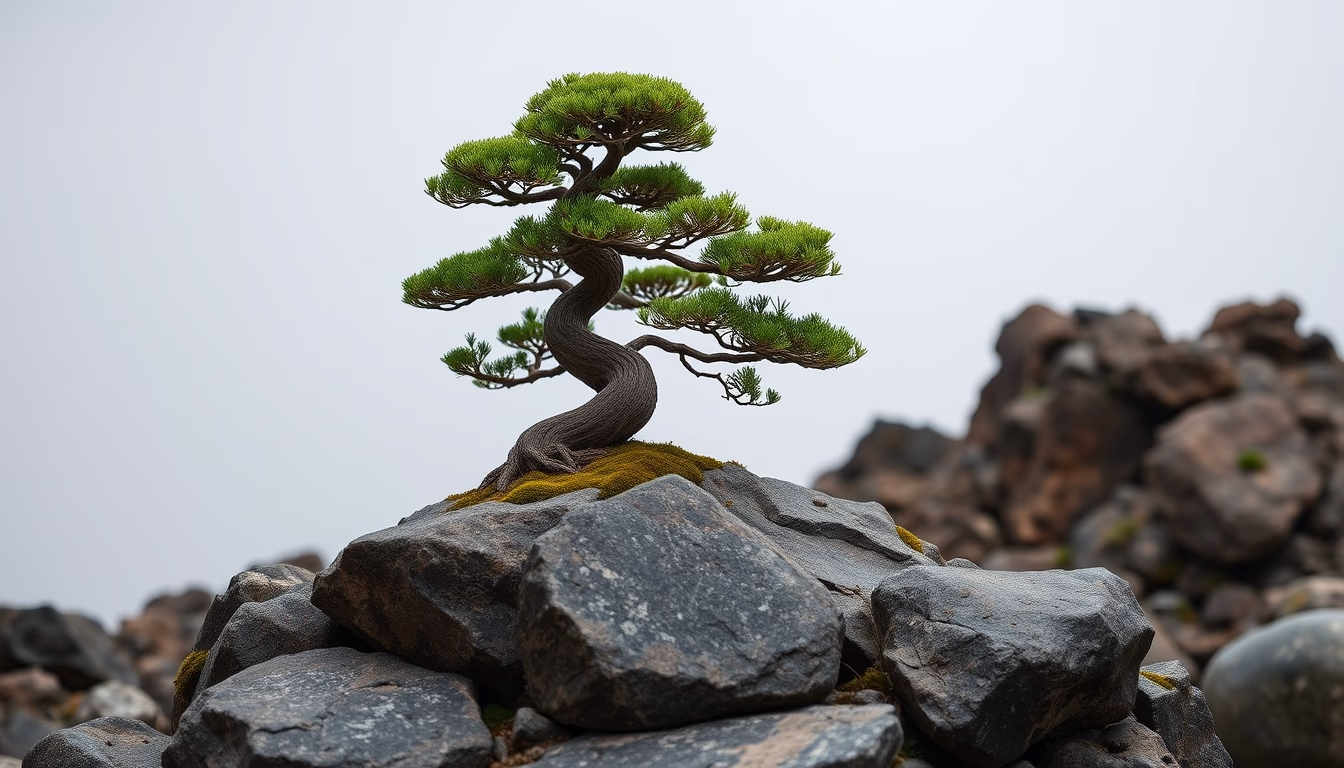 bonsai rock landscape in editorial style
