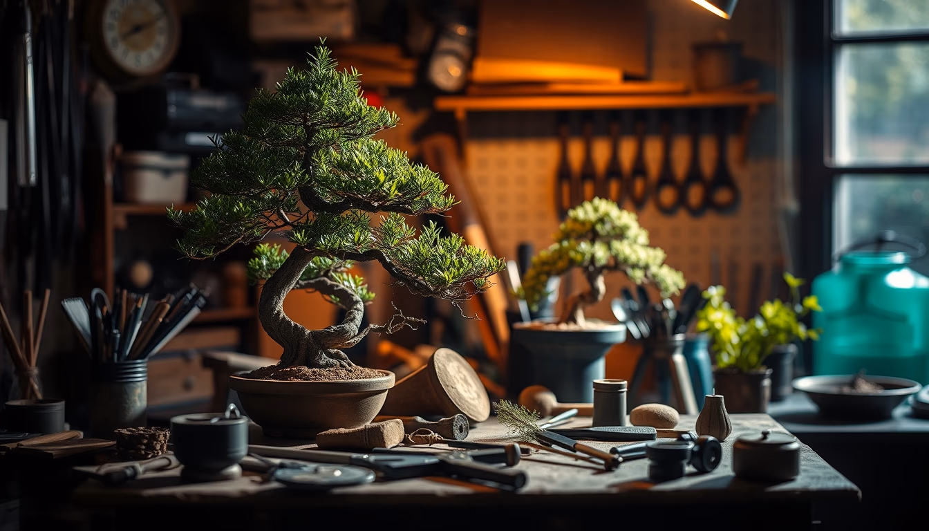 bonsai tools workshop in editorial style
