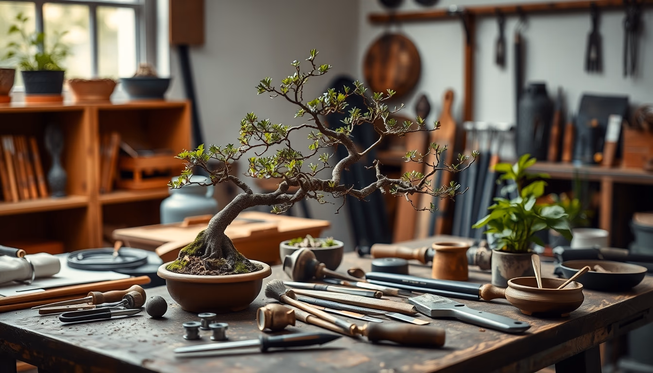 bonsai tools workshop in editorial style