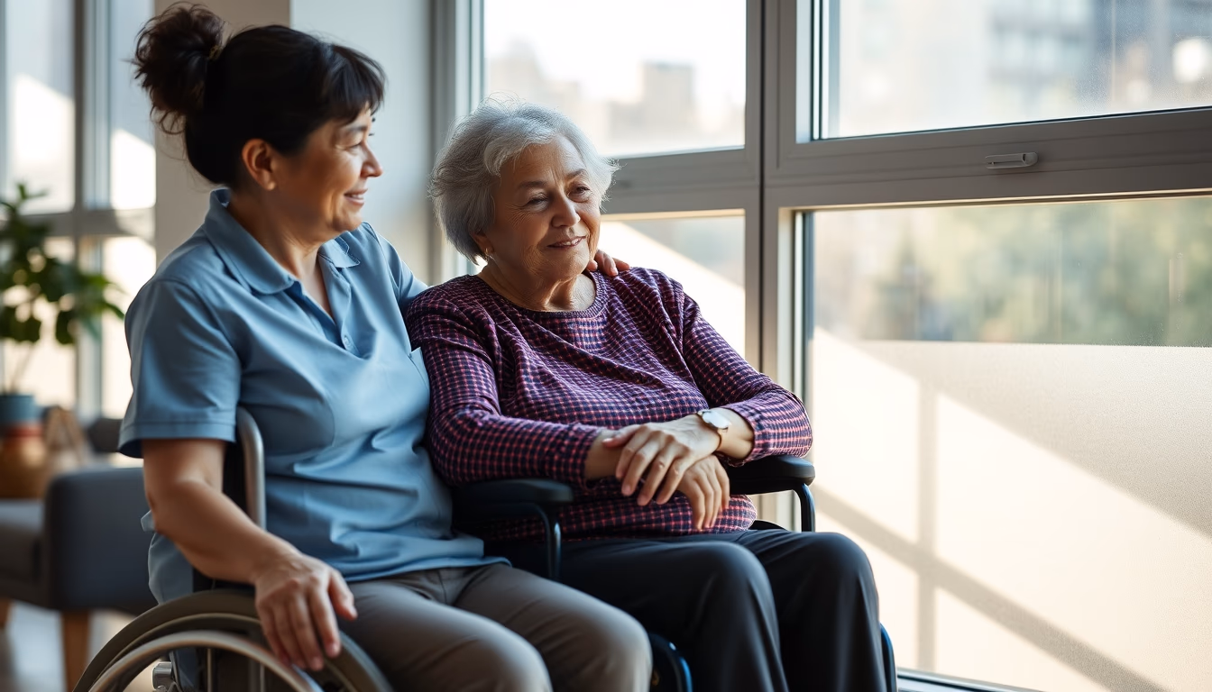 BPC beneficiary with caregiver in a wheelchair in editorial style