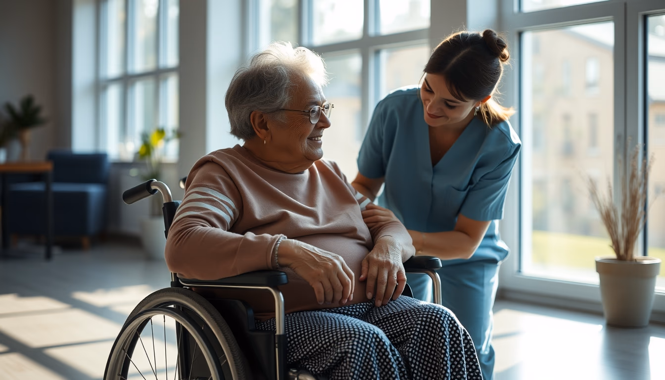 BPC beneficiary with caregiver in a wheelchair in editorial style