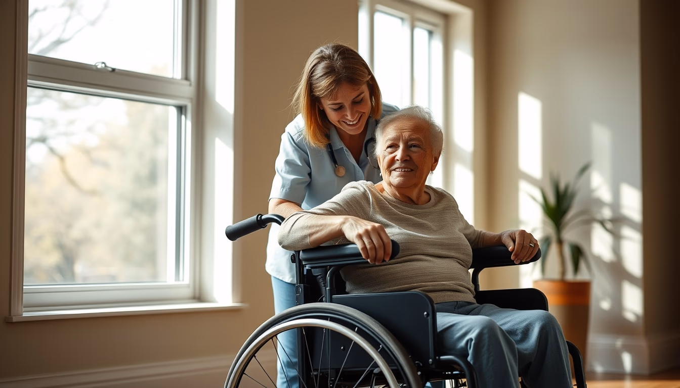 BPC beneficiary with caregiver in a wheelchair in editorial style