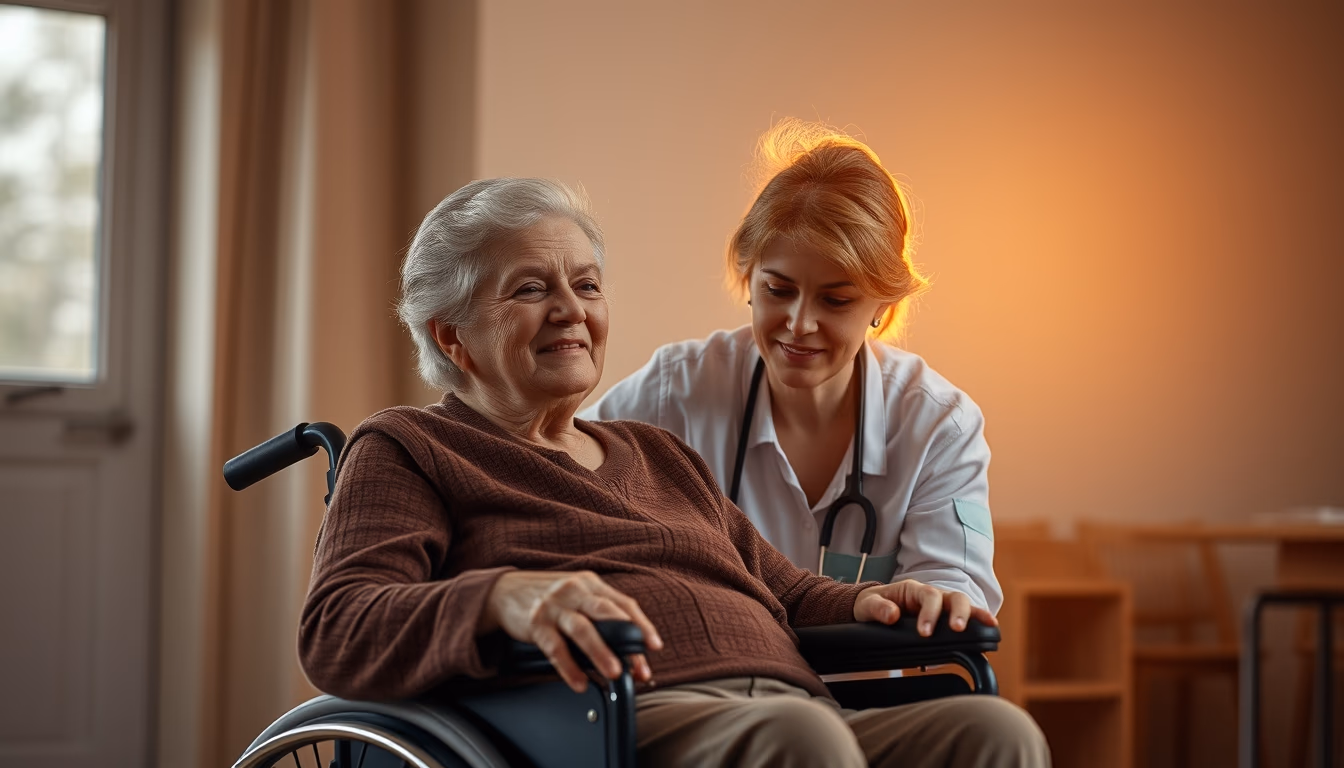 BPC beneficiary with caregiver in a wheelchair in editorial style