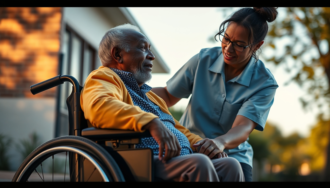 BPC beneficiary with caregiver in a wheelchair em estilo editorial