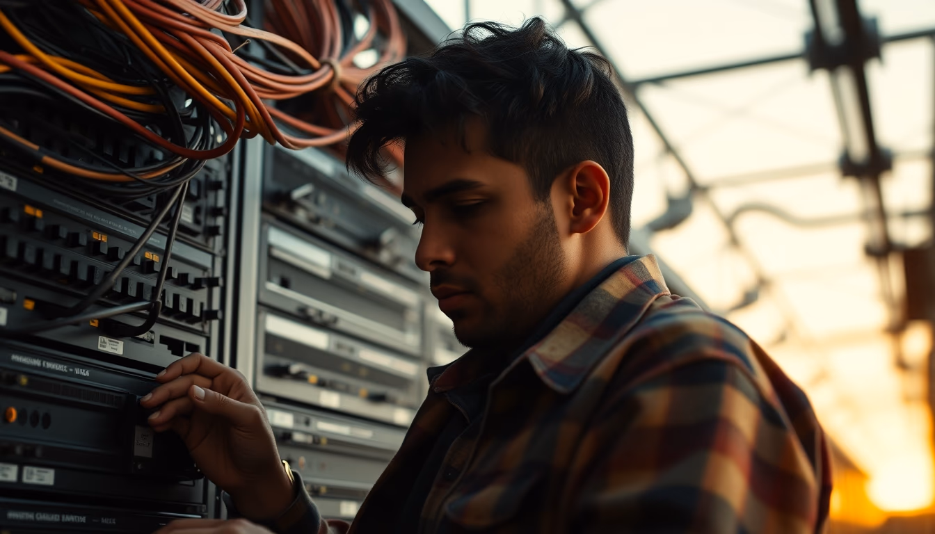 Brazilian Bitcoin miner inspecting industrial mining rigs in editorial style