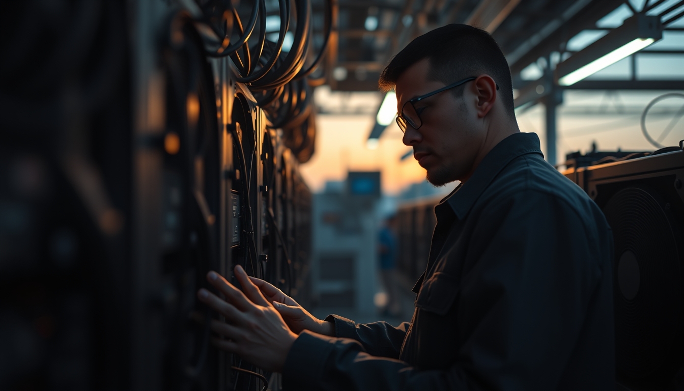 Brazilian Bitcoin miner inspecting industrial mining rigs em estilo editorial