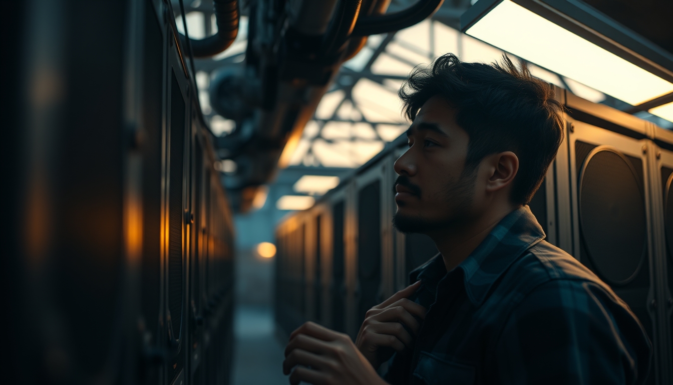 Brazilian Bitcoin miner inspecting industrial mining rigs em estilo editorial