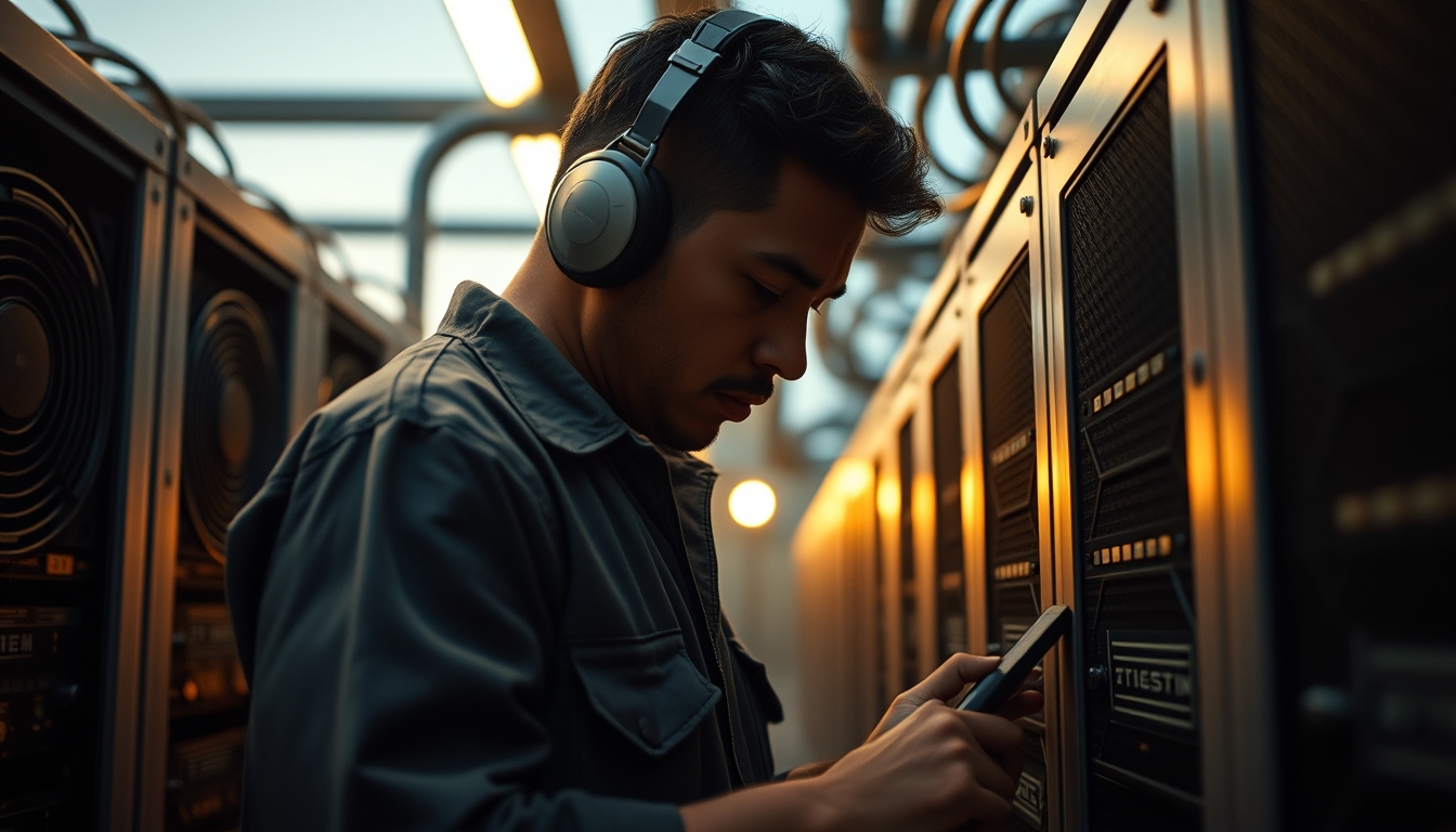 Brazilian Bitcoin miner inspecting industrial mining rigs em estilo editorial