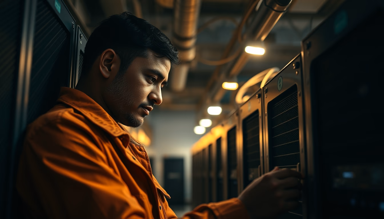 Brazilian Bitcoin miner inspecting industrial mining rigs em estilo editorial