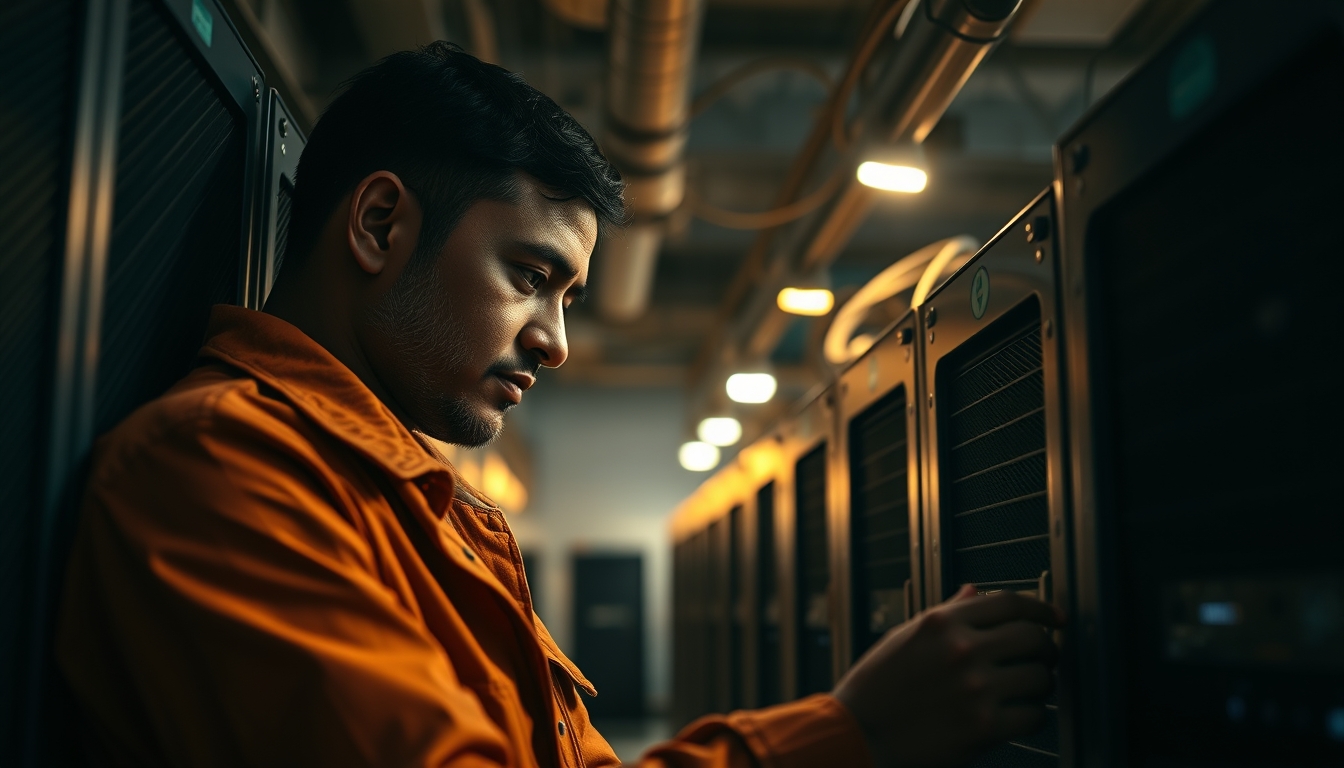 Brazilian Bitcoin miner inspecting industrial mining rigs em estilo editorial