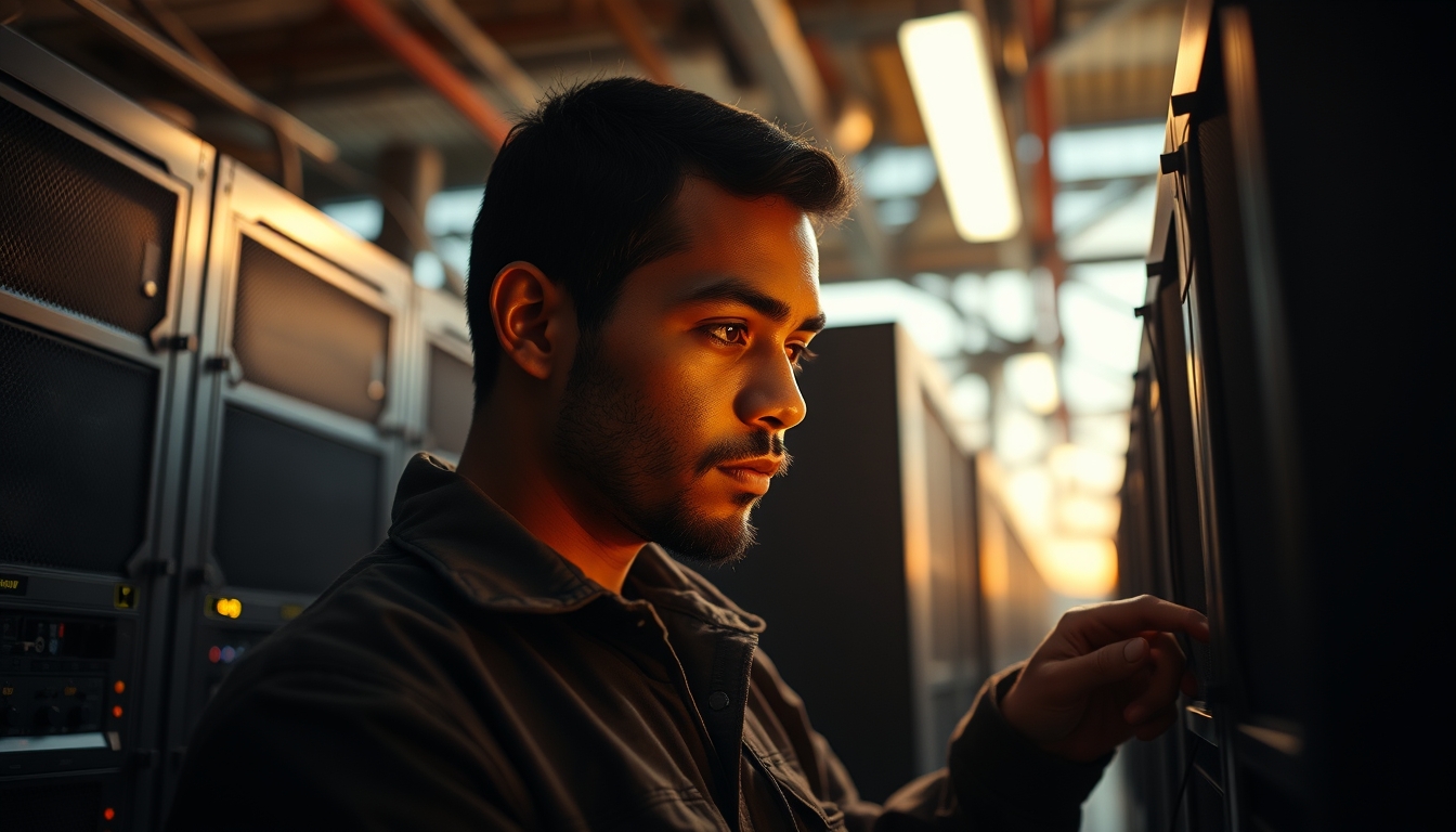 Brazilian Bitcoin miner inspecting industrial mining rigs em estilo editorial