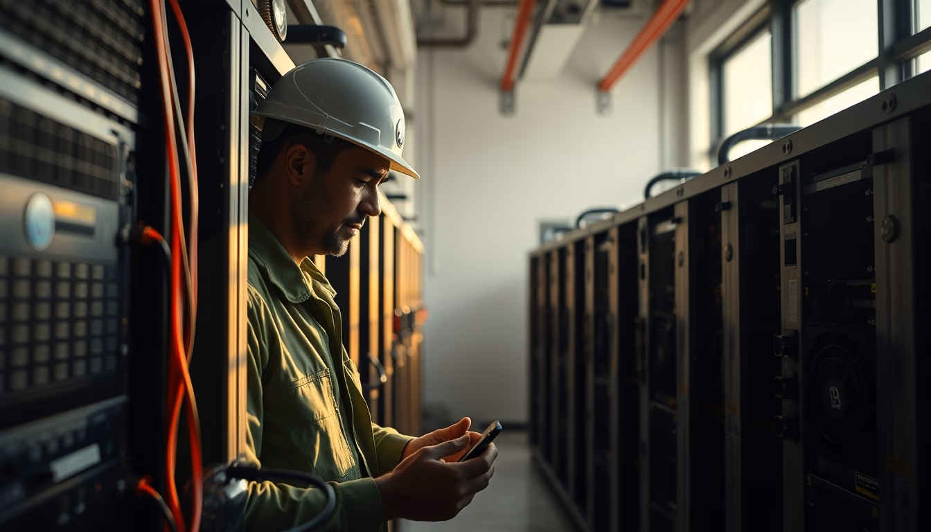 Brazilian Bitcoin miner inspecting industrial mining rigs in editorial style