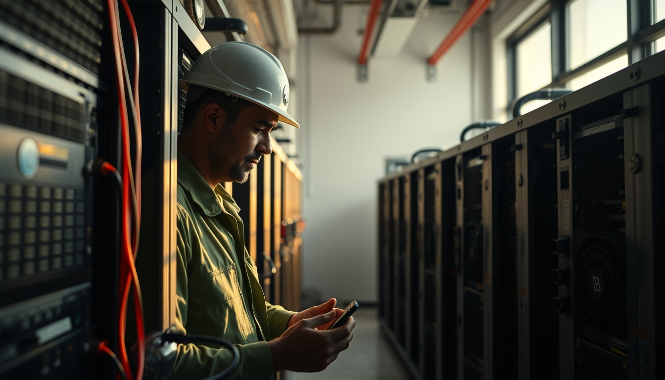 Brazilian Bitcoin miner inspecting industrial mining rigs em estilo editorial