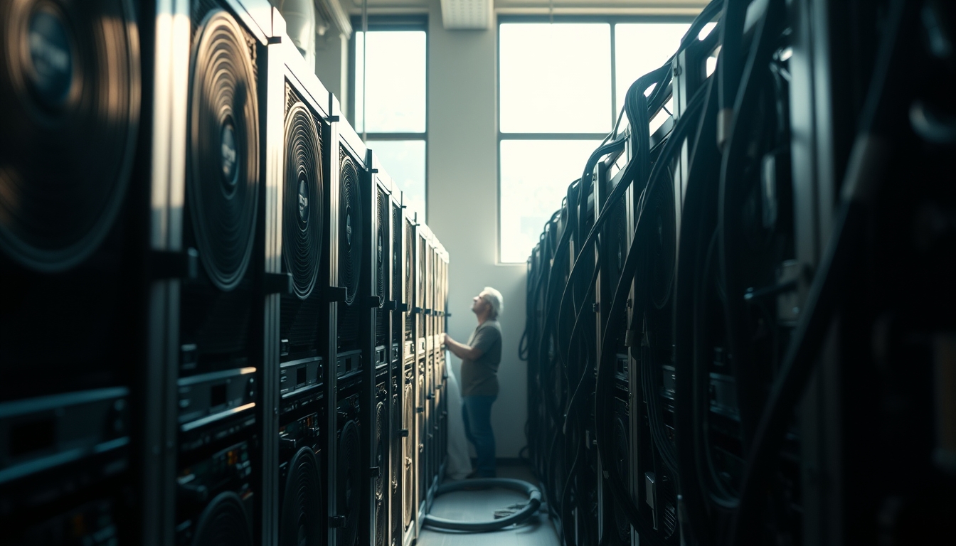Brazilian Bitcoin miner inspecting industrial mining rigs em estilo editorial