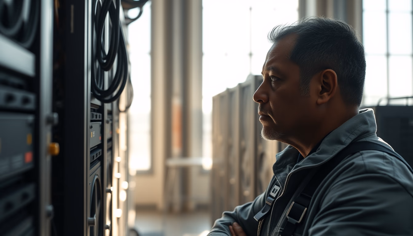 Brazilian Bitcoin miner inspecting industrial mining rigs em estilo editorial