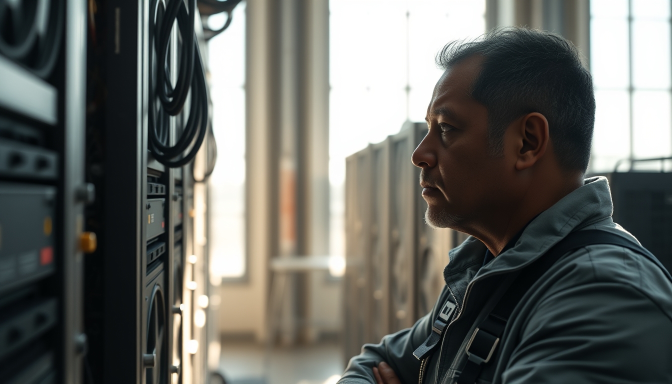 Brazilian Bitcoin miner inspecting industrial mining rigs em estilo editorial
