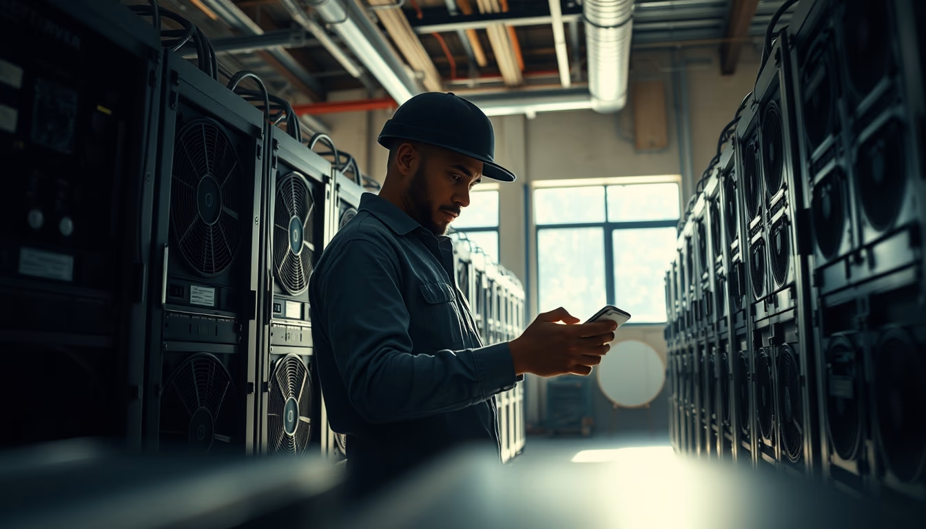 Brazilian Bitcoin miner inspecting industrial mining rigs em estilo editorial