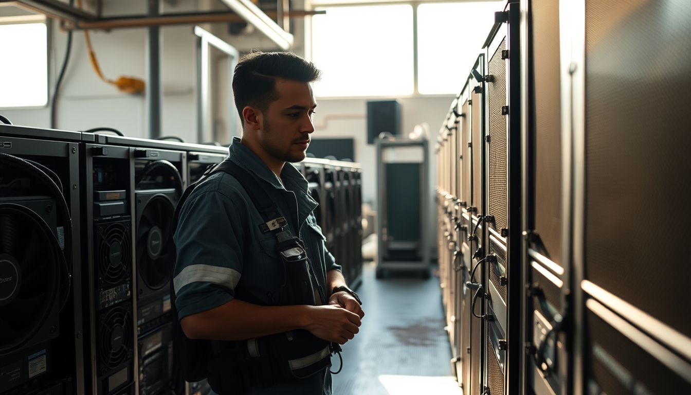 Brazilian Bitcoin miner inspecting industrial mining rigs em estilo editorial