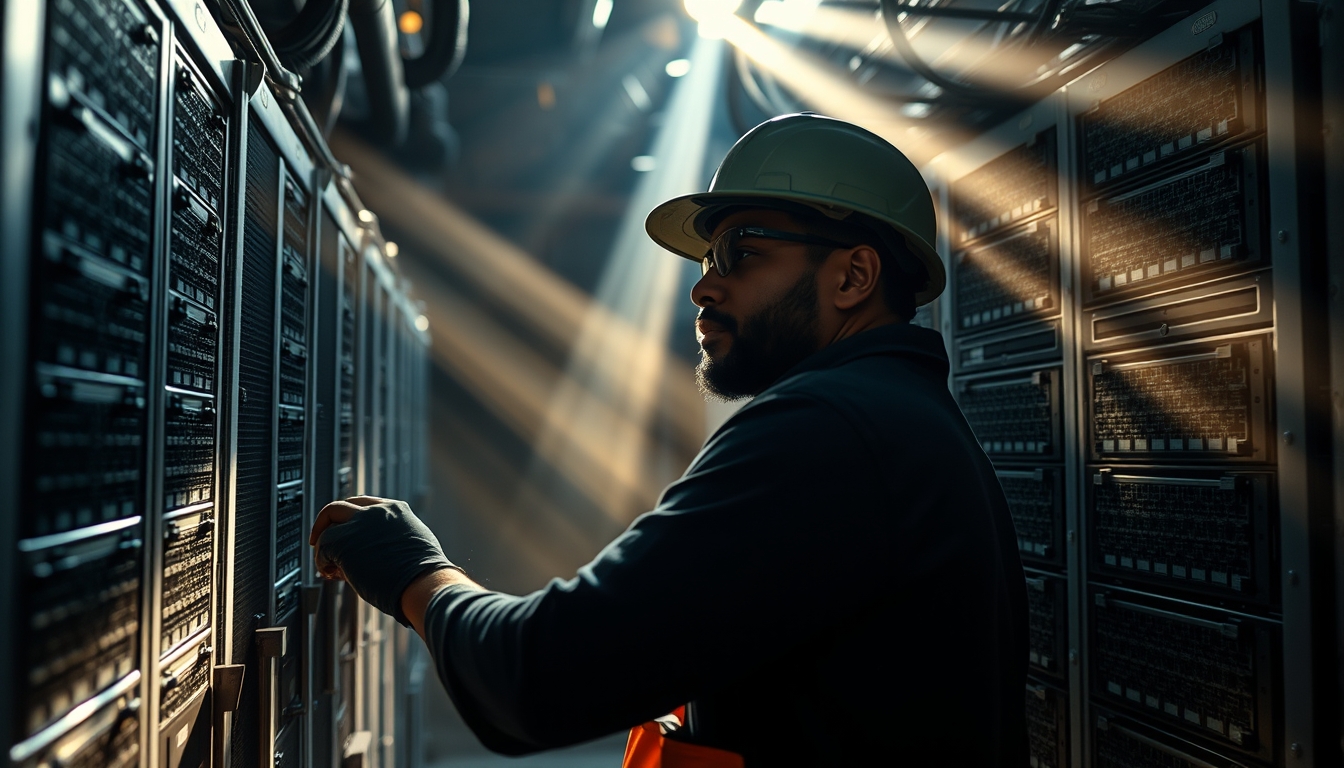 Brazilian Bitcoin miner inspecting industrial mining rigs em estilo editorial