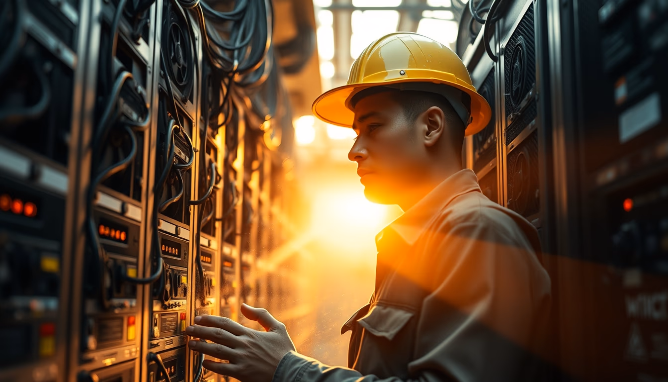 Brazilian Bitcoin miner inspecting industrial mining rigs em estilo editorial