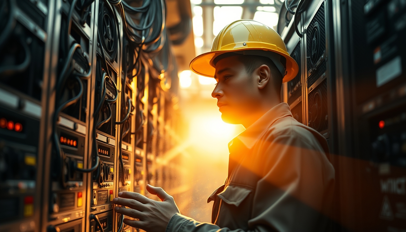 Brazilian Bitcoin miner inspecting industrial mining rigs em estilo editorial