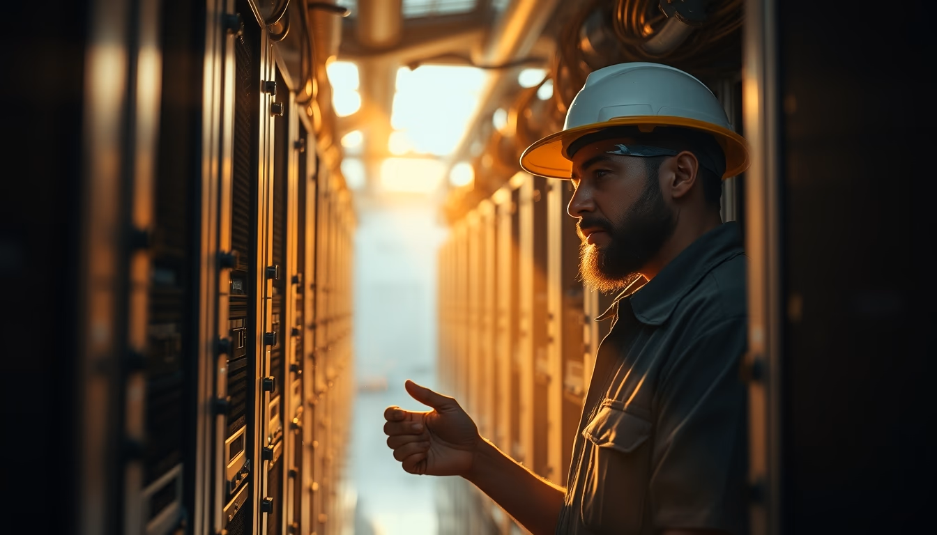 Brazilian Bitcoin miner inspecting industrial mining rigs in editorial style