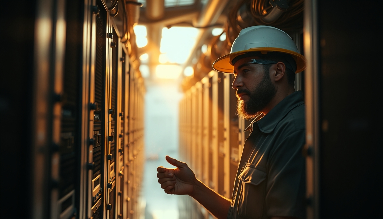 Brazilian Bitcoin miner inspecting industrial mining rigs em estilo editorial