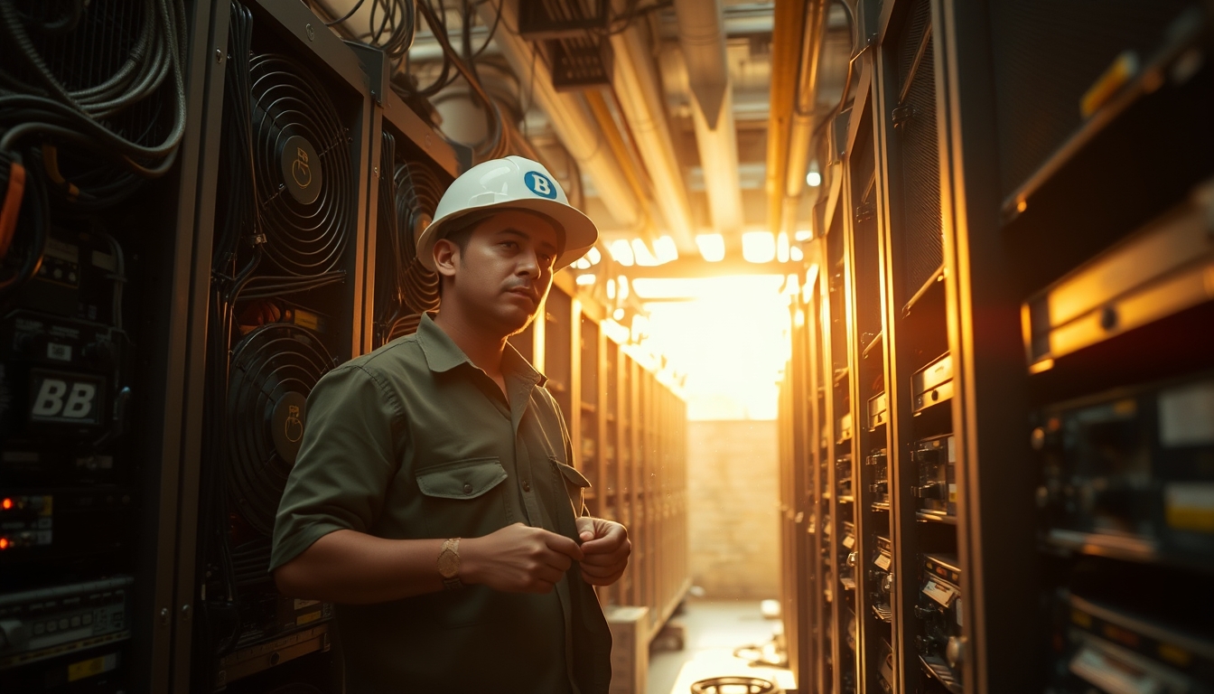 Brazilian Bitcoin miner inspecting industrial mining rigs em estilo editorial