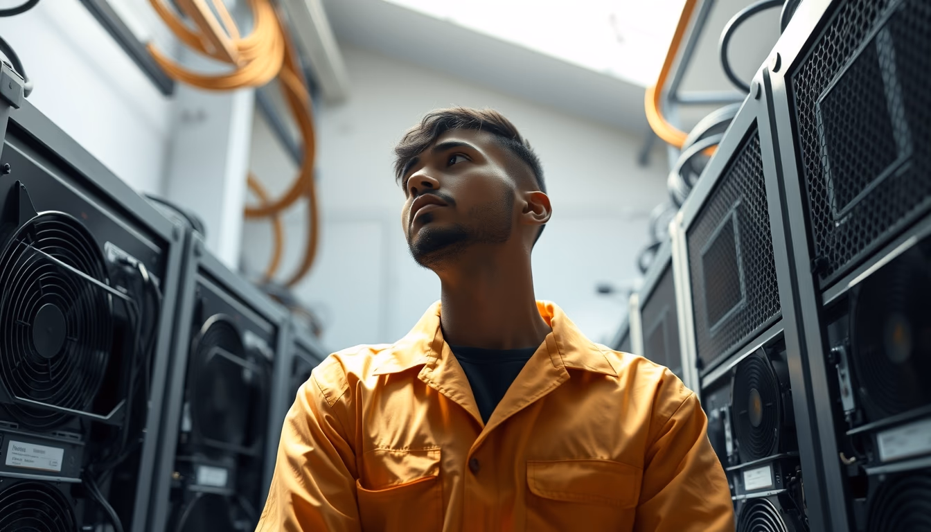 Brazilian Bitcoin miner inspecting industrial mining rigs in editorial style