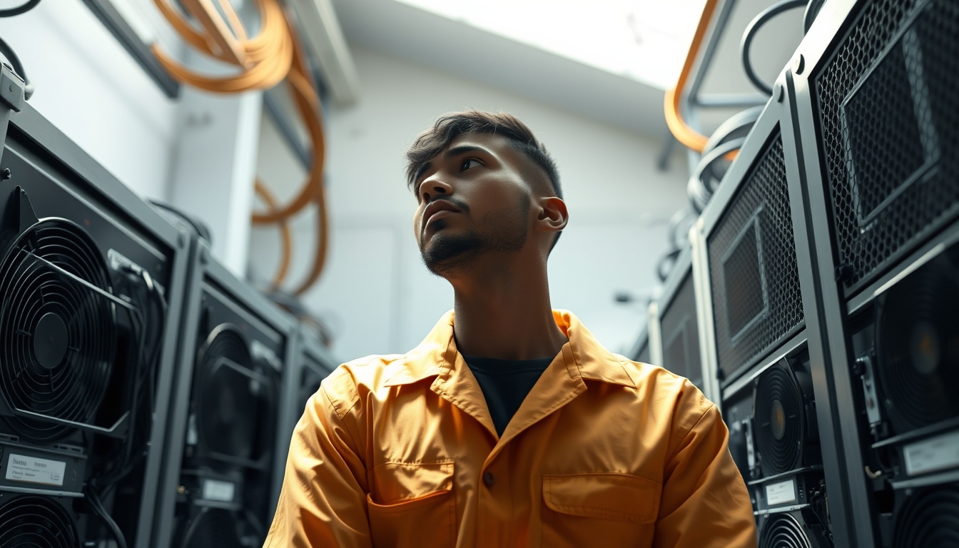 Brazilian Bitcoin miner inspecting industrial mining rigs em estilo editorial