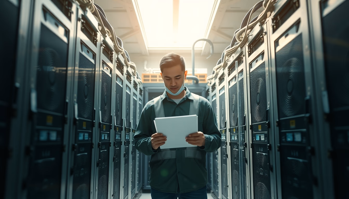Brazilian Bitcoin miner inspecting industrial mining rigs in editorial style