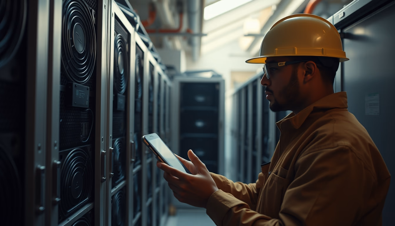 Brazilian Bitcoin miner inspecting industrial mining rigs in editorial style