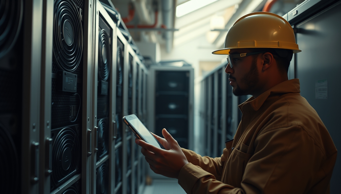 Brazilian Bitcoin miner inspecting industrial mining rigs em estilo editorial