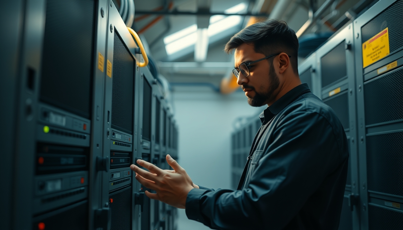 Brazilian Bitcoin miner inspecting industrial mining rigs em estilo editorial