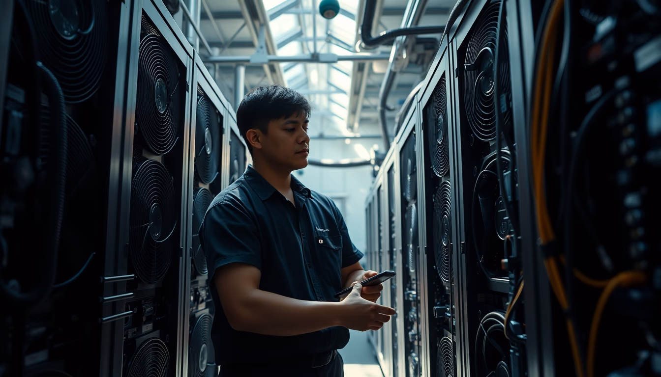 Brazilian Bitcoin miner inspecting industrial mining rigs in editorial style