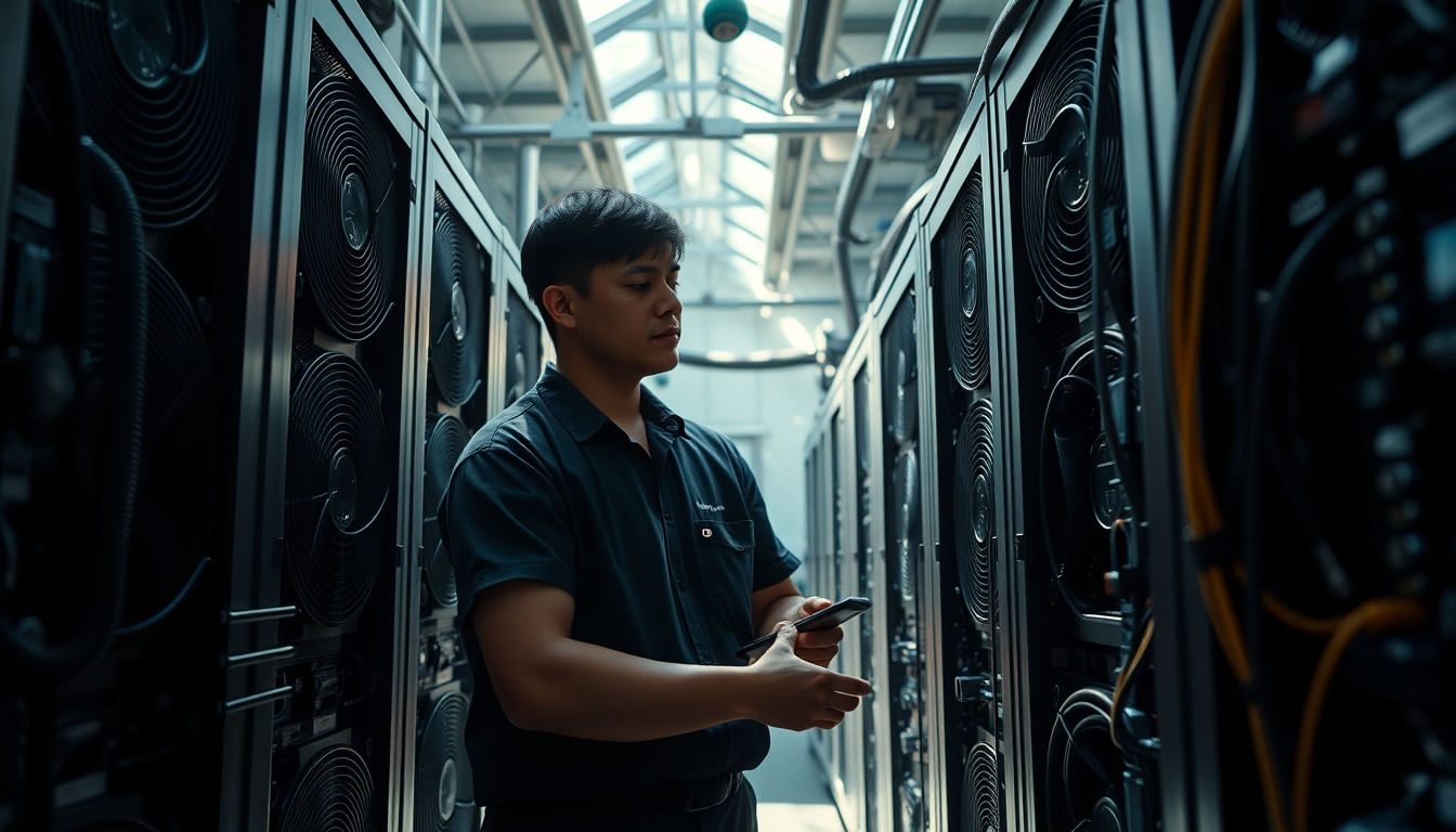 Brazilian Bitcoin miner inspecting industrial mining rigs em estilo editorial