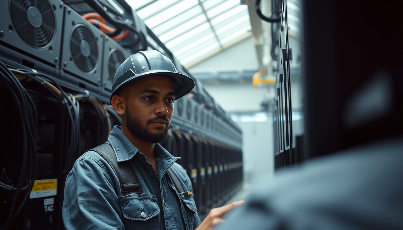 Brazilian Bitcoin miner inspecting industrial mining rigs em estilo editorial