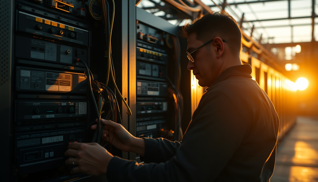 Brazilian Bitcoin miner inspecting industrial mining rigs em estilo editorial