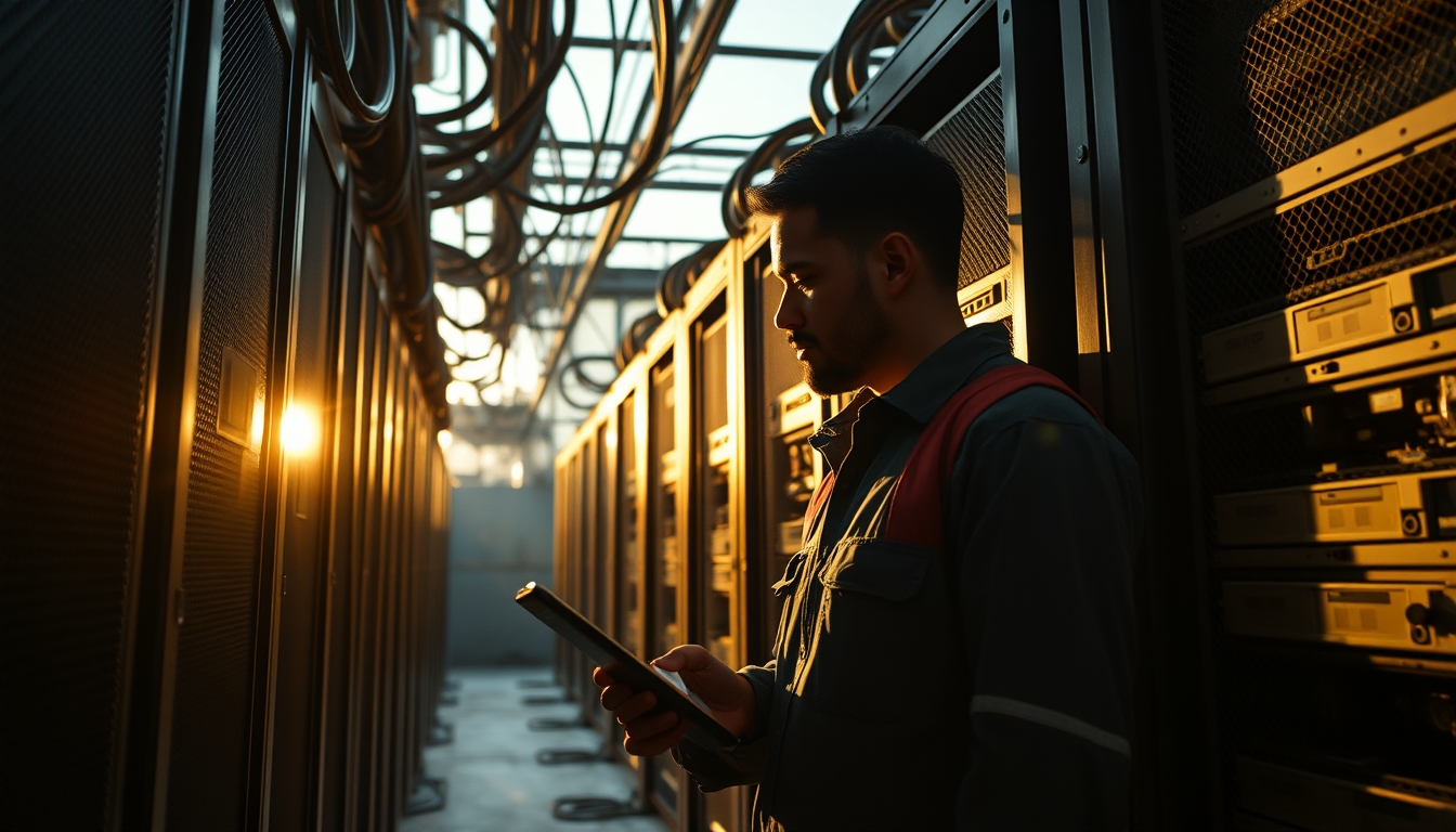 Brazilian Bitcoin miner inspecting industrial mining rigs em estilo editorial