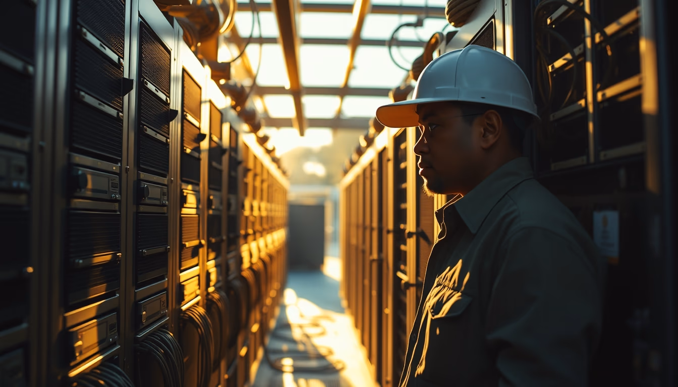 Brazilian Bitcoin miner inspecting industrial mining rigs em estilo editorial