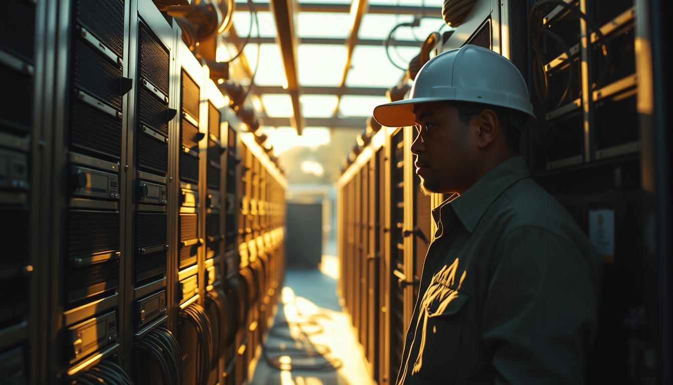 Brazilian Bitcoin miner inspecting industrial mining rigs em estilo editorial