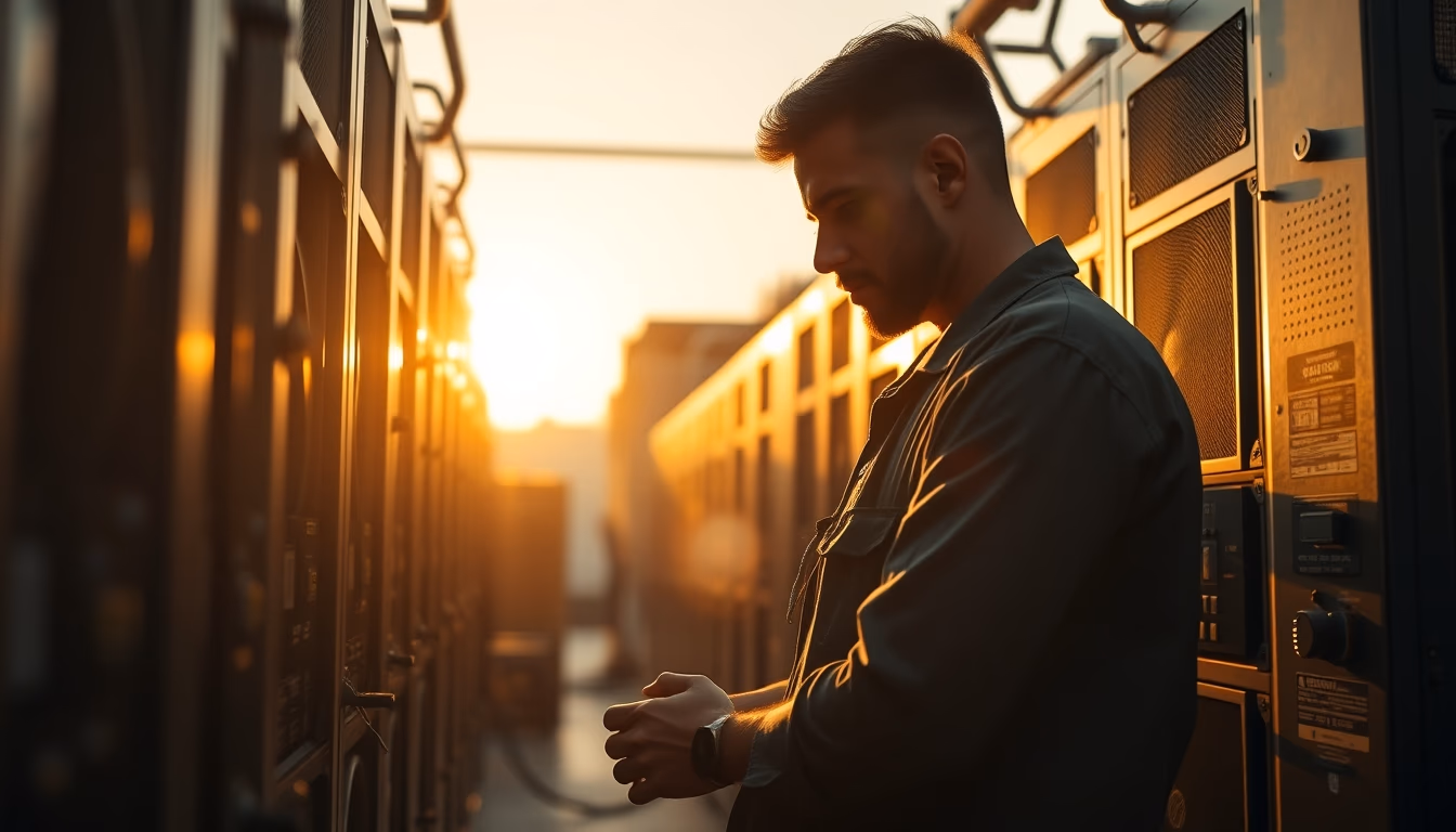Brazilian Bitcoin miner inspecting industrial mining rigs em estilo editorial