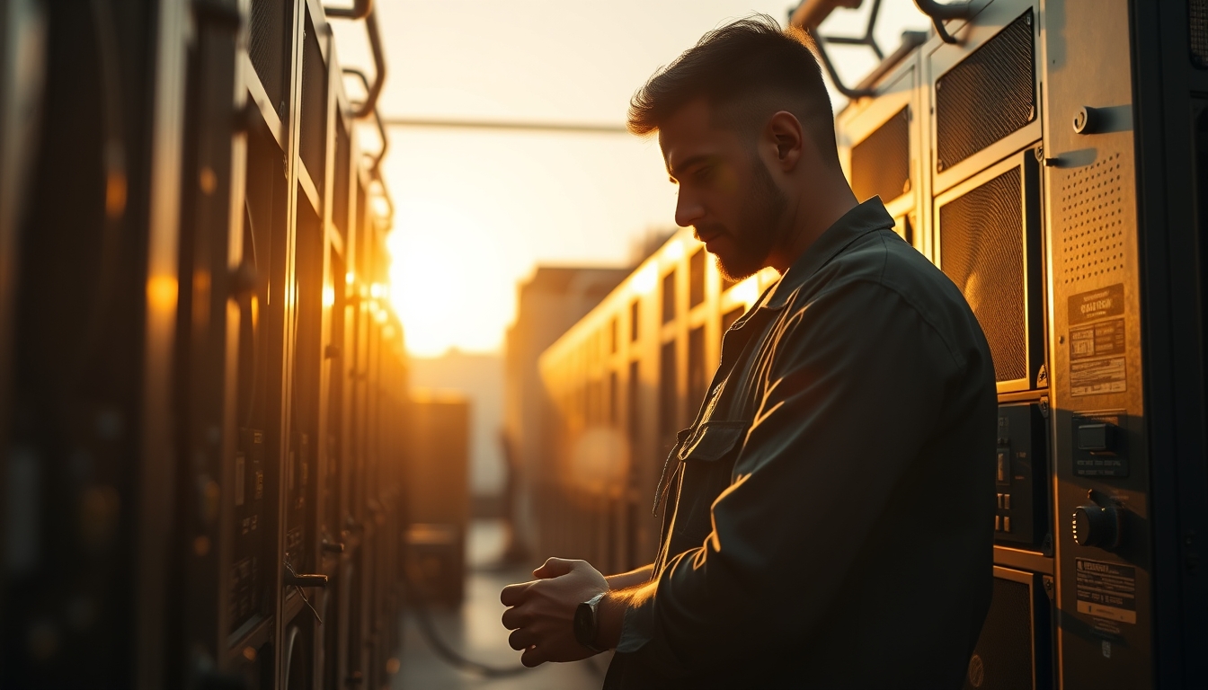 Brazilian Bitcoin miner inspecting industrial mining rigs em estilo editorial