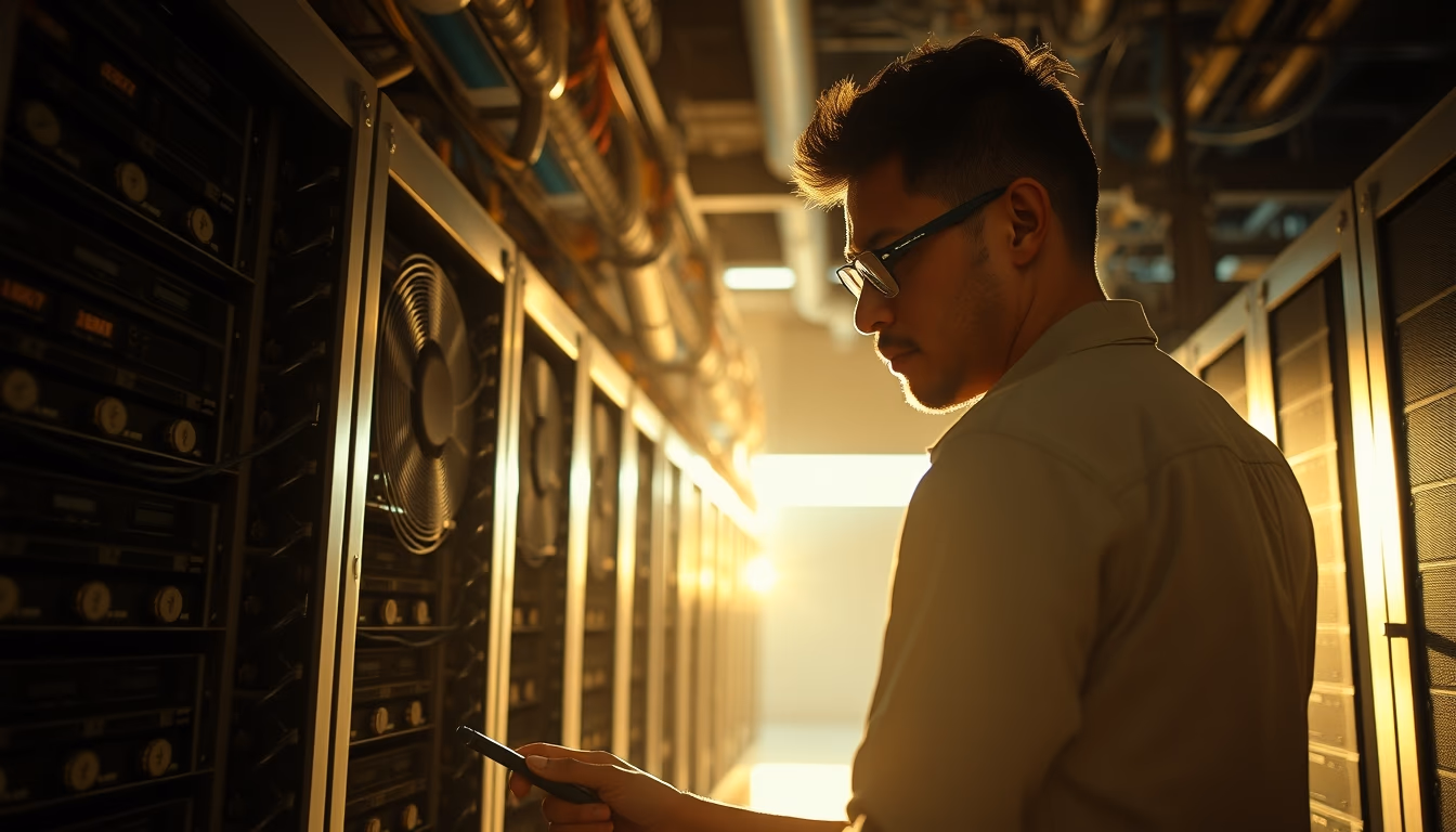 Brazilian Bitcoin miner inspecting industrial mining rigs in editorial style