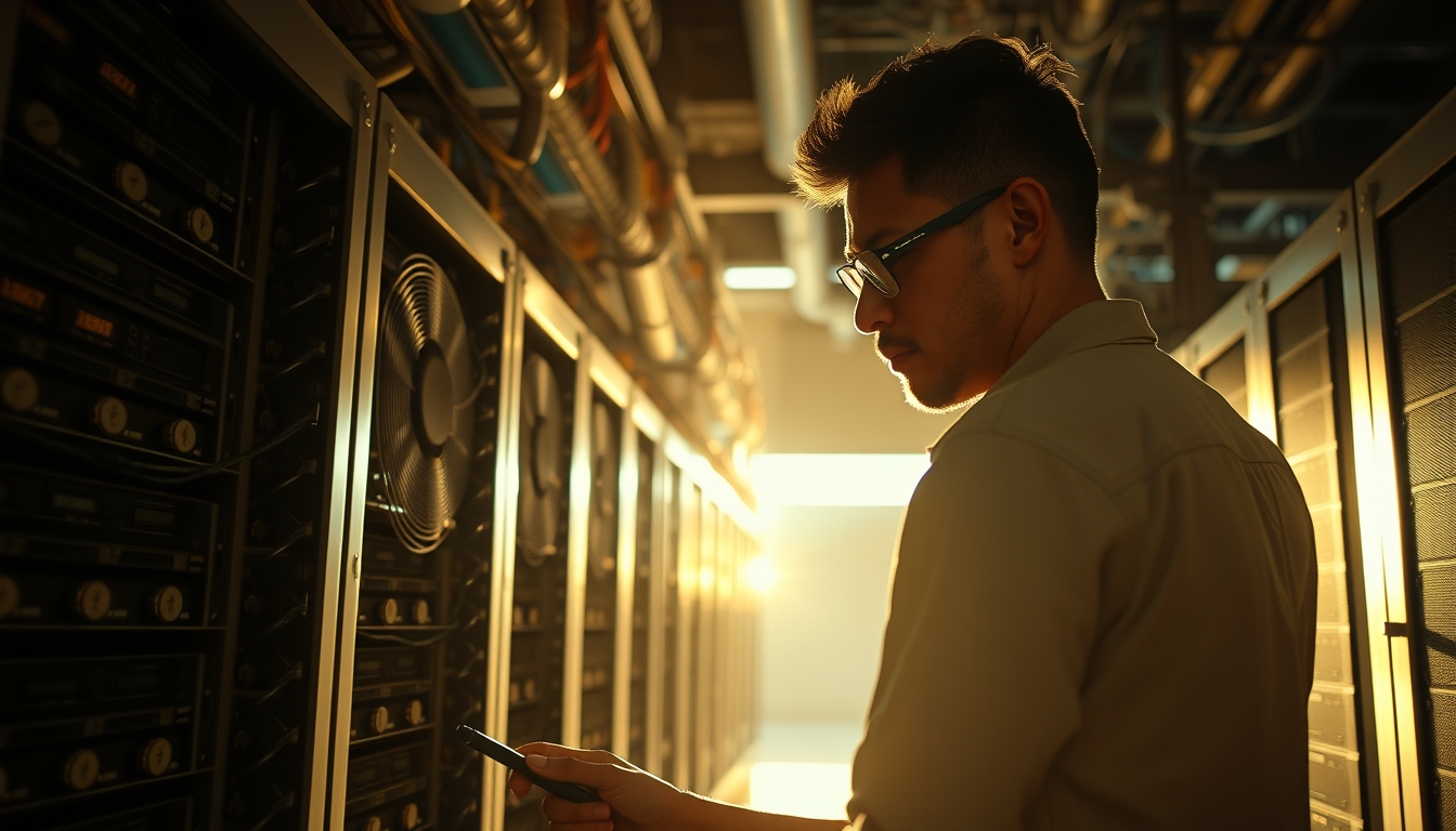 Brazilian Bitcoin miner inspecting industrial mining rigs em estilo editorial