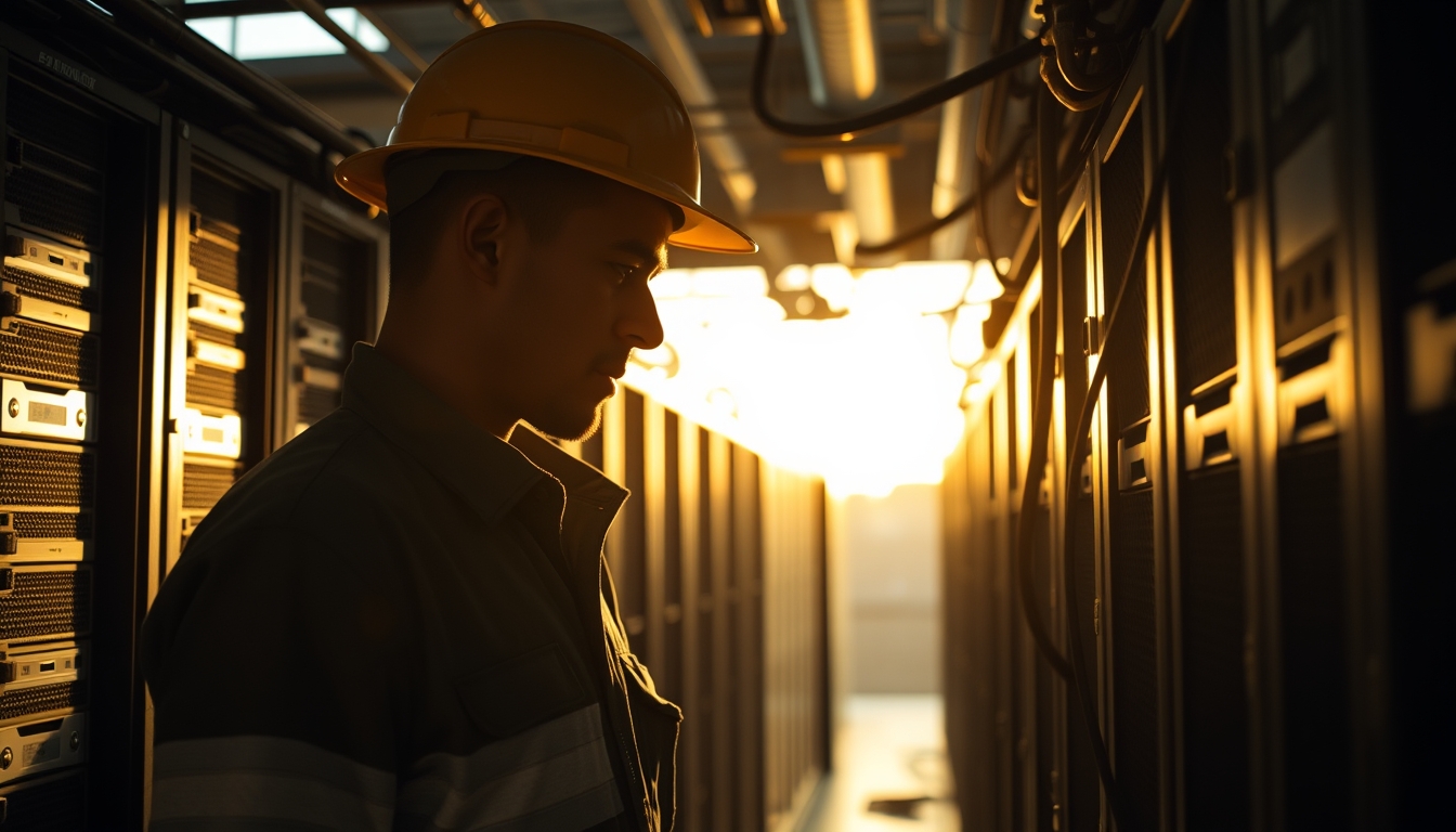 Brazilian Bitcoin miner inspecting industrial mining rigs em estilo editorial