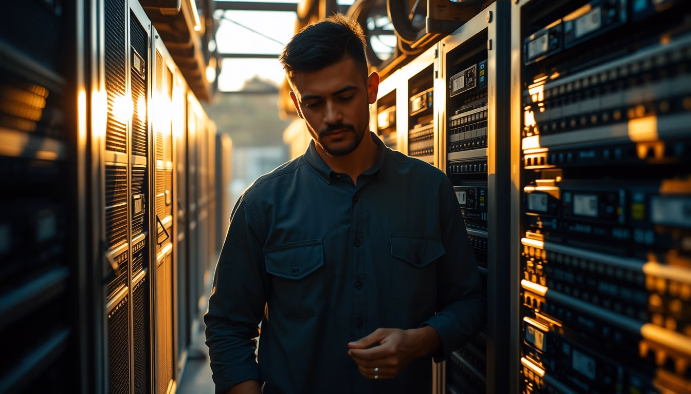 Brazilian Bitcoin miner inspecting industrial mining rigs em estilo editorial