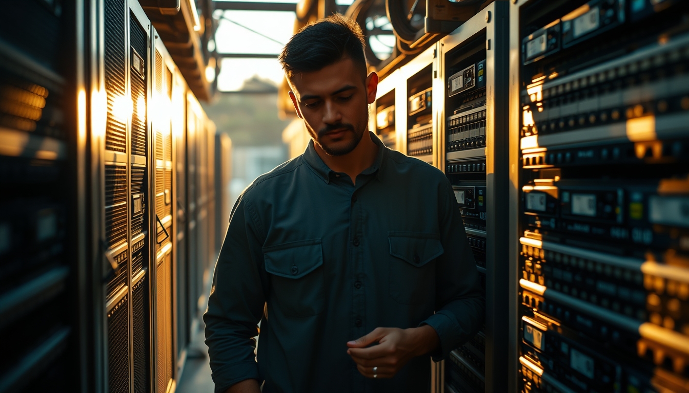 Brazilian Bitcoin miner inspecting industrial mining rigs em estilo editorial